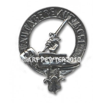 Barclay Clan Crest Badge in Pewter showcasing the traditional belted design, perfect for expressing Scottish heritage with a shiny palladium finish.