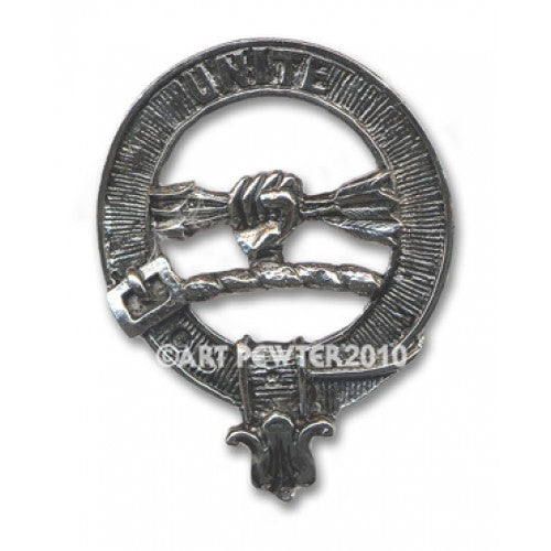 Brodie Clan Crest Badge in Pewter featuring a belted design suitable for cap use or as a large brooch pin, showcasing clan pride.