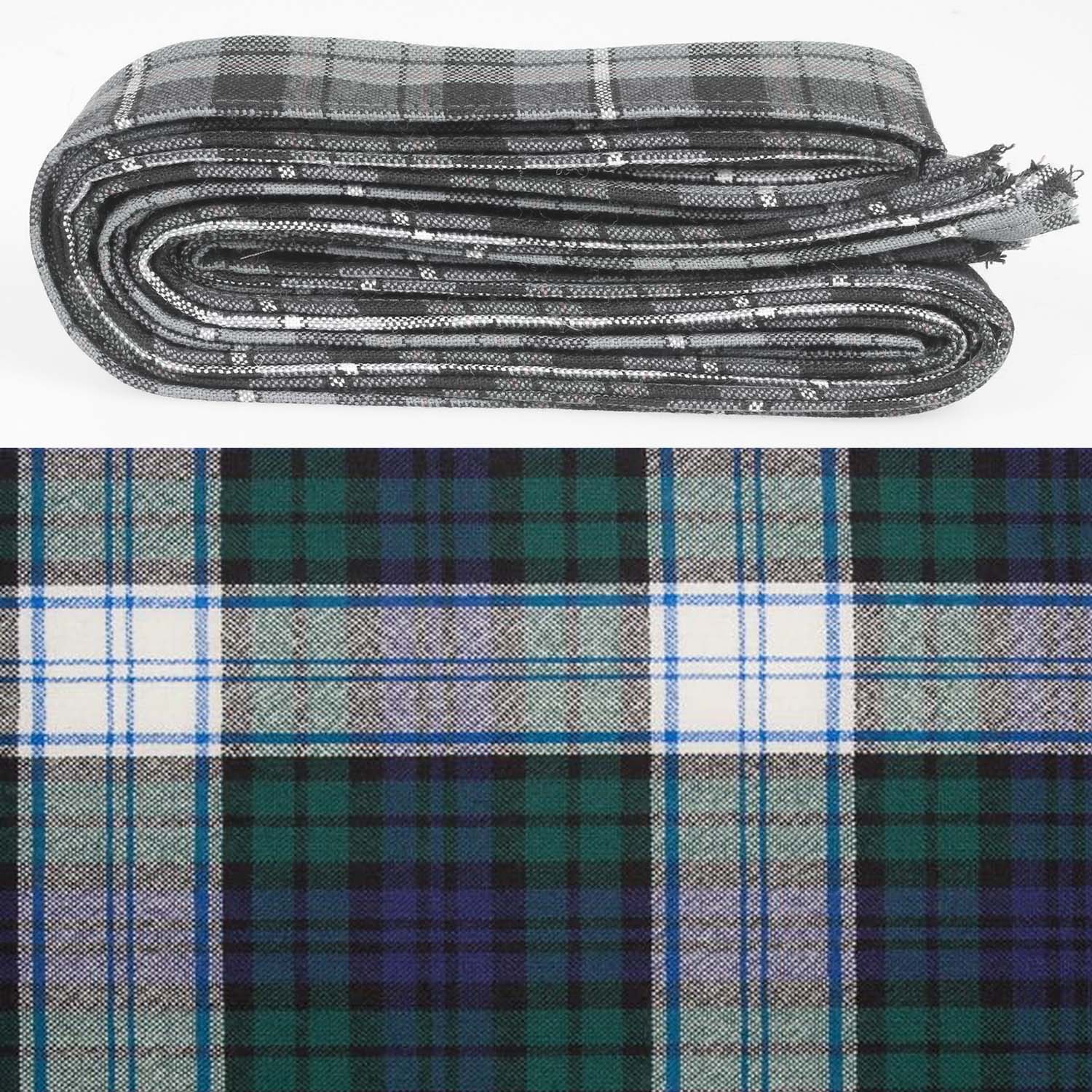 Wool Strip Ribbon in Black Watch Dress Tartan, showcasing five strips in varying widths for crafting and decorating weddings, featuring a rustic charm with raw edges.