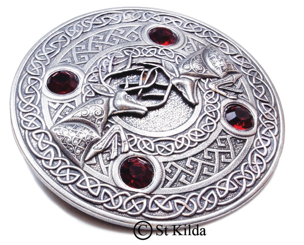Fighting Stags 4 Stone Pewter Plaid Brooch