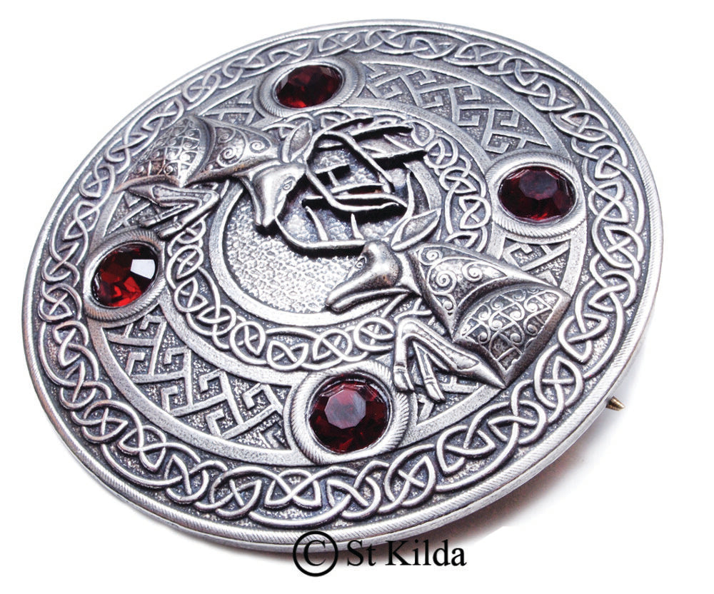 Fighting Stags 4 Stone Pewter Plaid Brooch