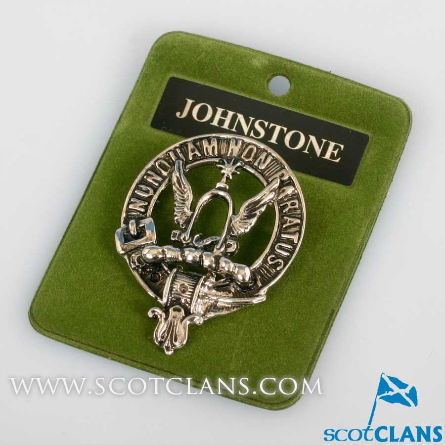 Johnstone Clan Crest Badge in Pewter showcasing a detailed belted design, perfect as a cap badge or large brooch pin for clan gatherings.