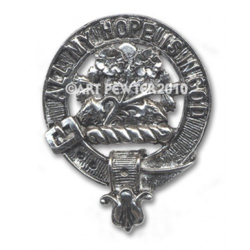 Fraser Clan Crest Badge in Pewter featuring a traditional design, crafted from high-quality pewter, perfect for proud clan members to wear as a brooch or cap badge.