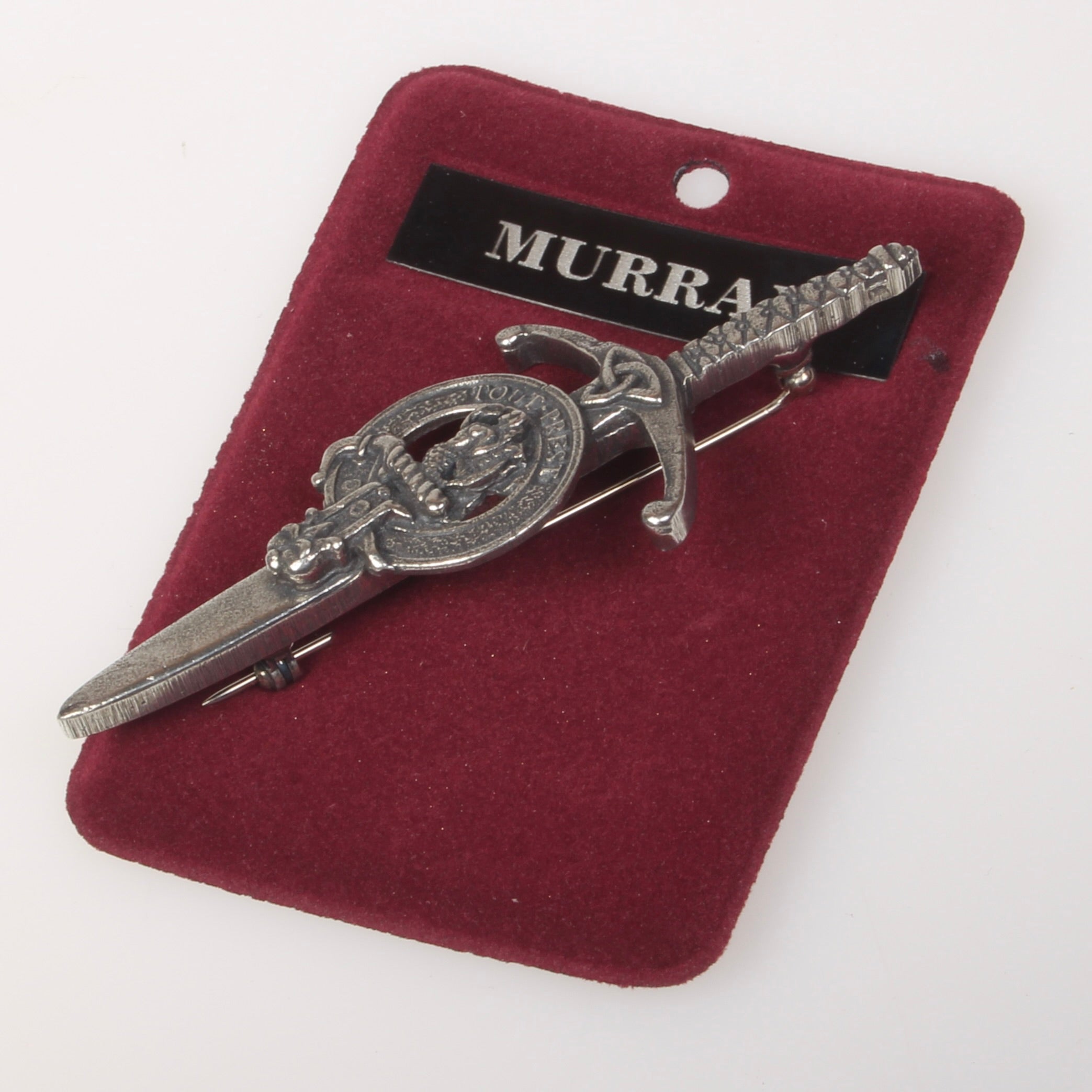 Clan Crest Pewter Kilt Pin with Murray Crest featuring an antique palladium finish and traditional Scottish design, ideal for adding style to any kilt.