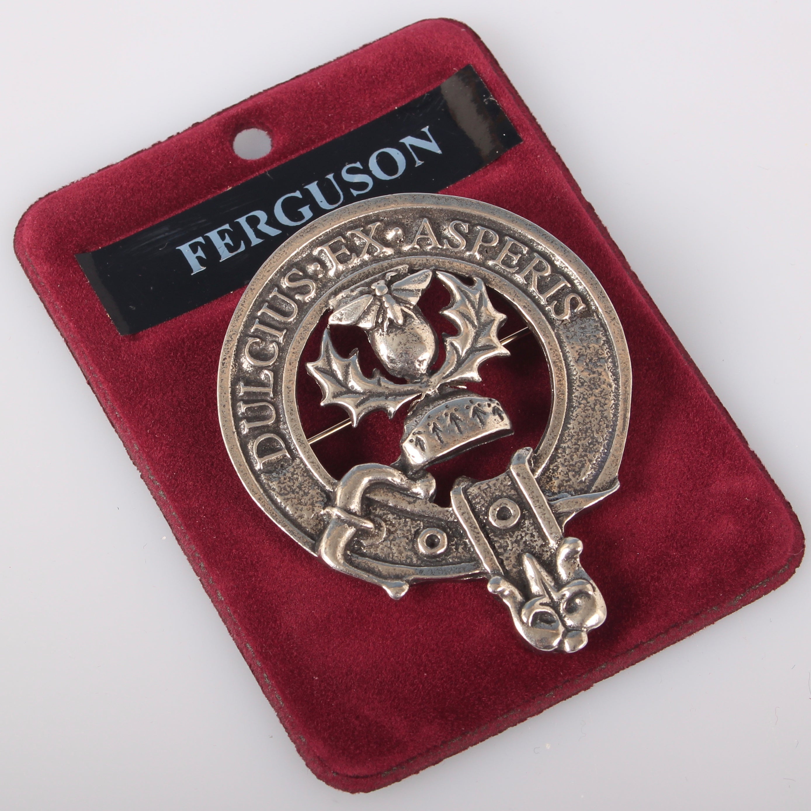 Ferguson Clan Crest Badge in Pewter featuring the traditional belted design, ideal for everyday wear or clan gatherings.
