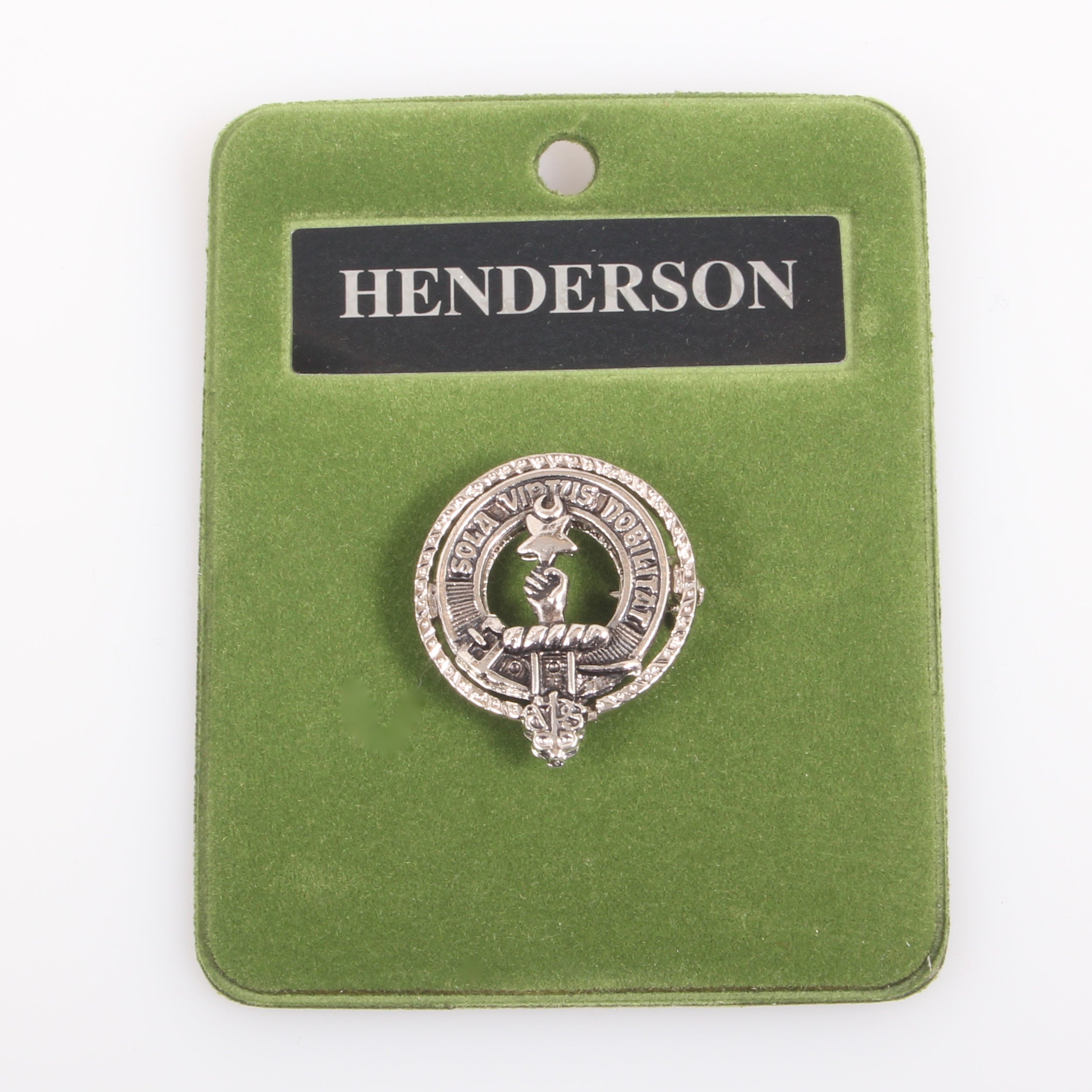 Henderson Clan Crest Small Pewter Pin Badge on a stylish background displaying its antique palladium finish and clan details, ideal for showcasing Scottish heritage.