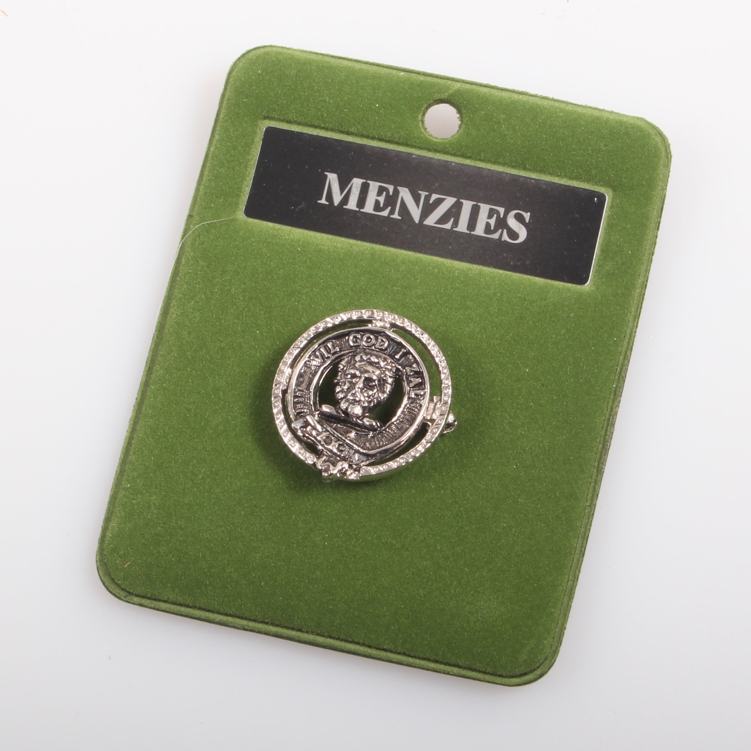 Menzies Clan Crest Small Pewter Pin Badge showcasing the elegant design and antique palladium finish, perfect for displaying clan pride.