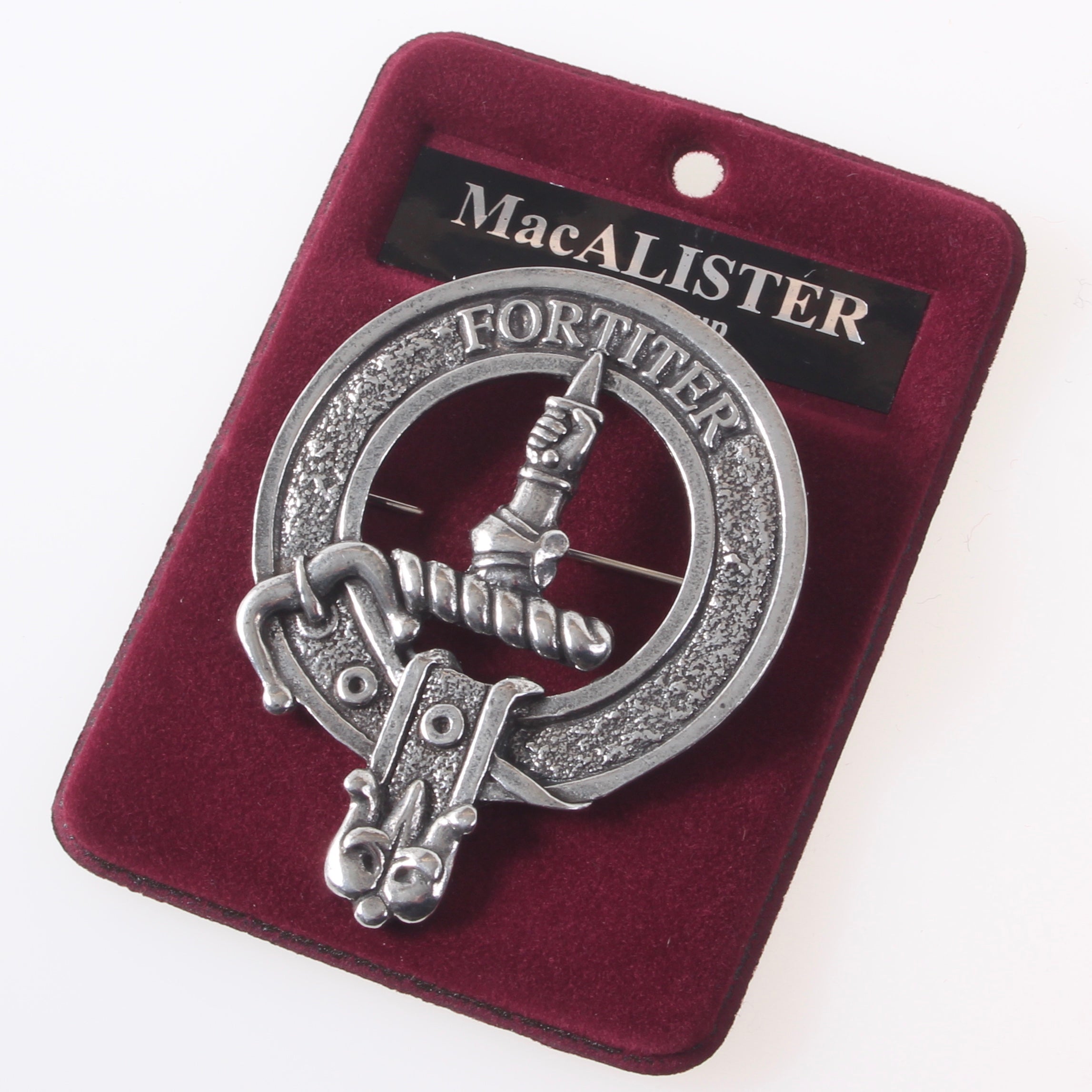 MacAlister Clan Crest Badge in Pewter, featuring a traditional belted design, ideal for wear at clan gatherings or as a stylish brooch pin.