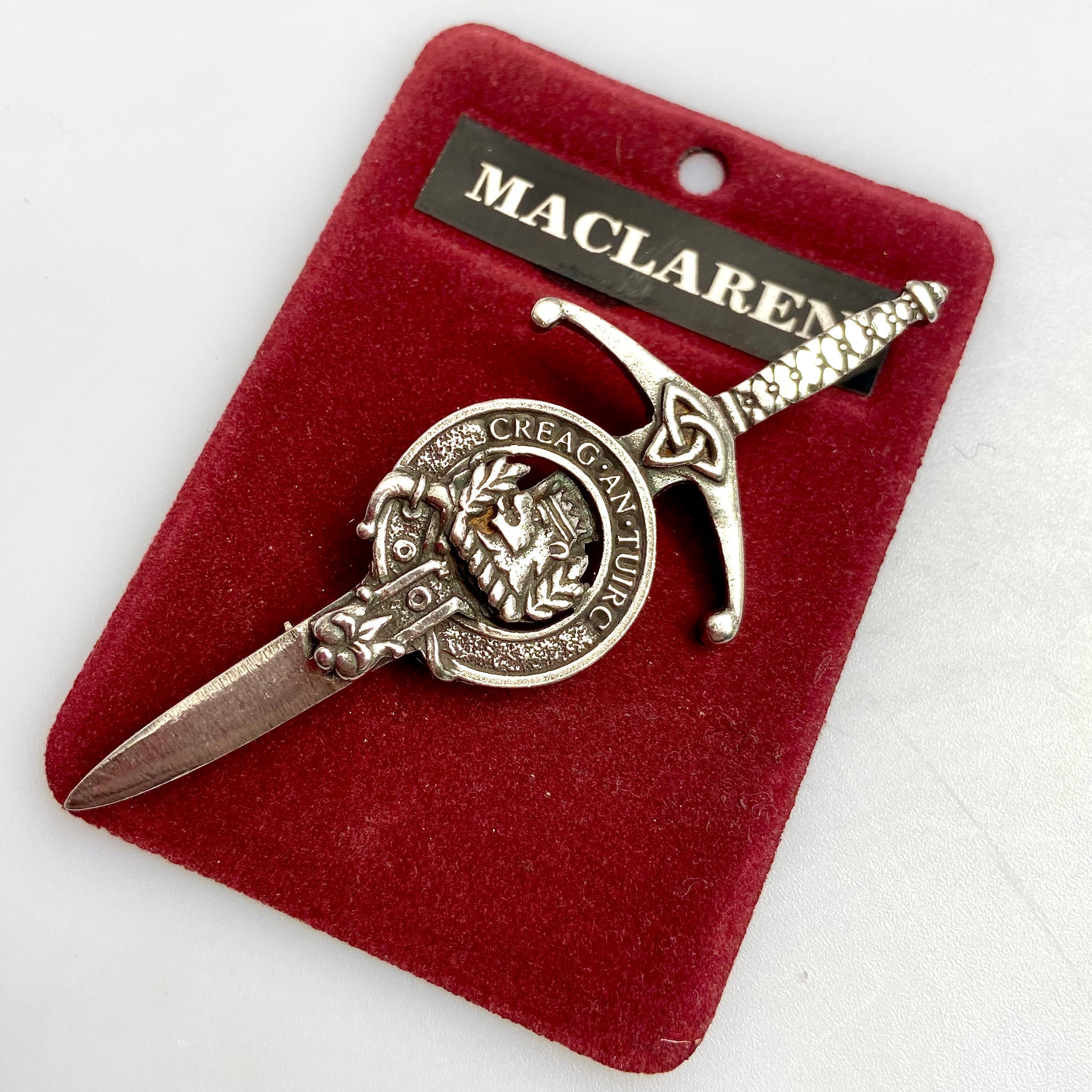 Clan Crest Pewter Kilt Pin featuring the MacLaren Crest, showcasing a traditional Scottish design with an antique palladium finish.