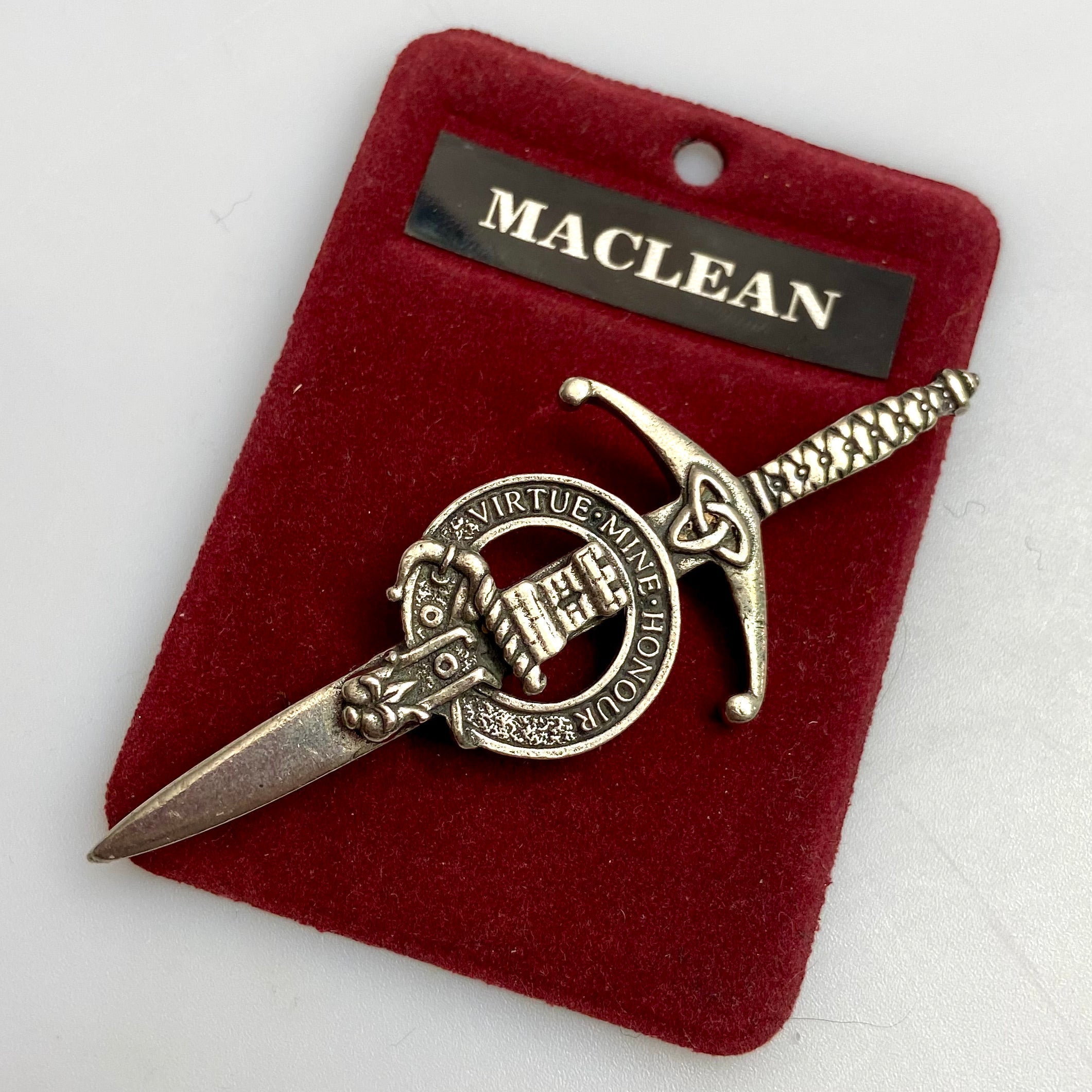 Clan Crest Pewter Kilt Pin featuring the MacLean Crest, crafted in Scotland with an antique finish, perfect for enhancing any traditional kilt outfit.