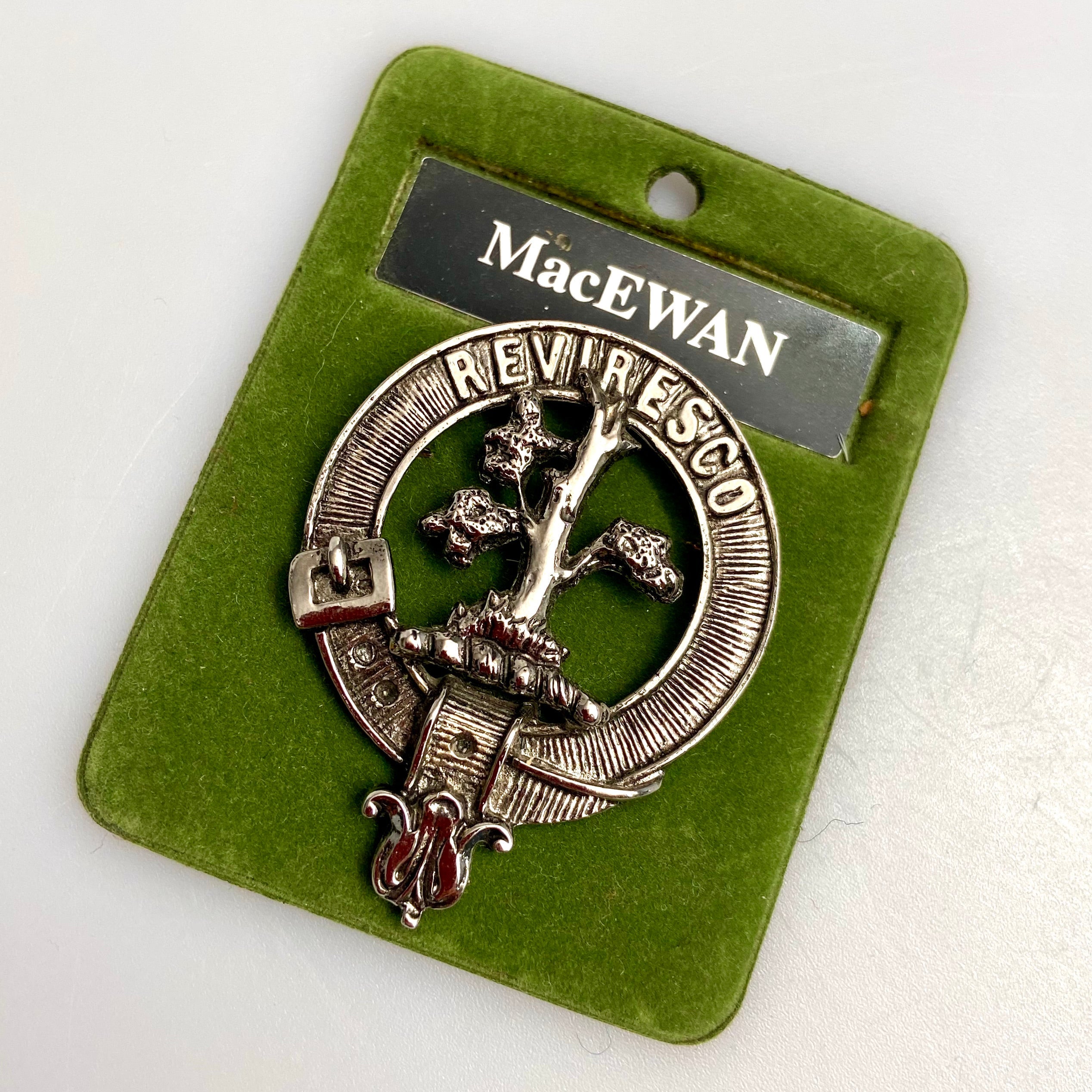 MacEwan Clan Crest Badge in Pewter showcasing the detailed belted design, perfect for clan gatherings or personal display.