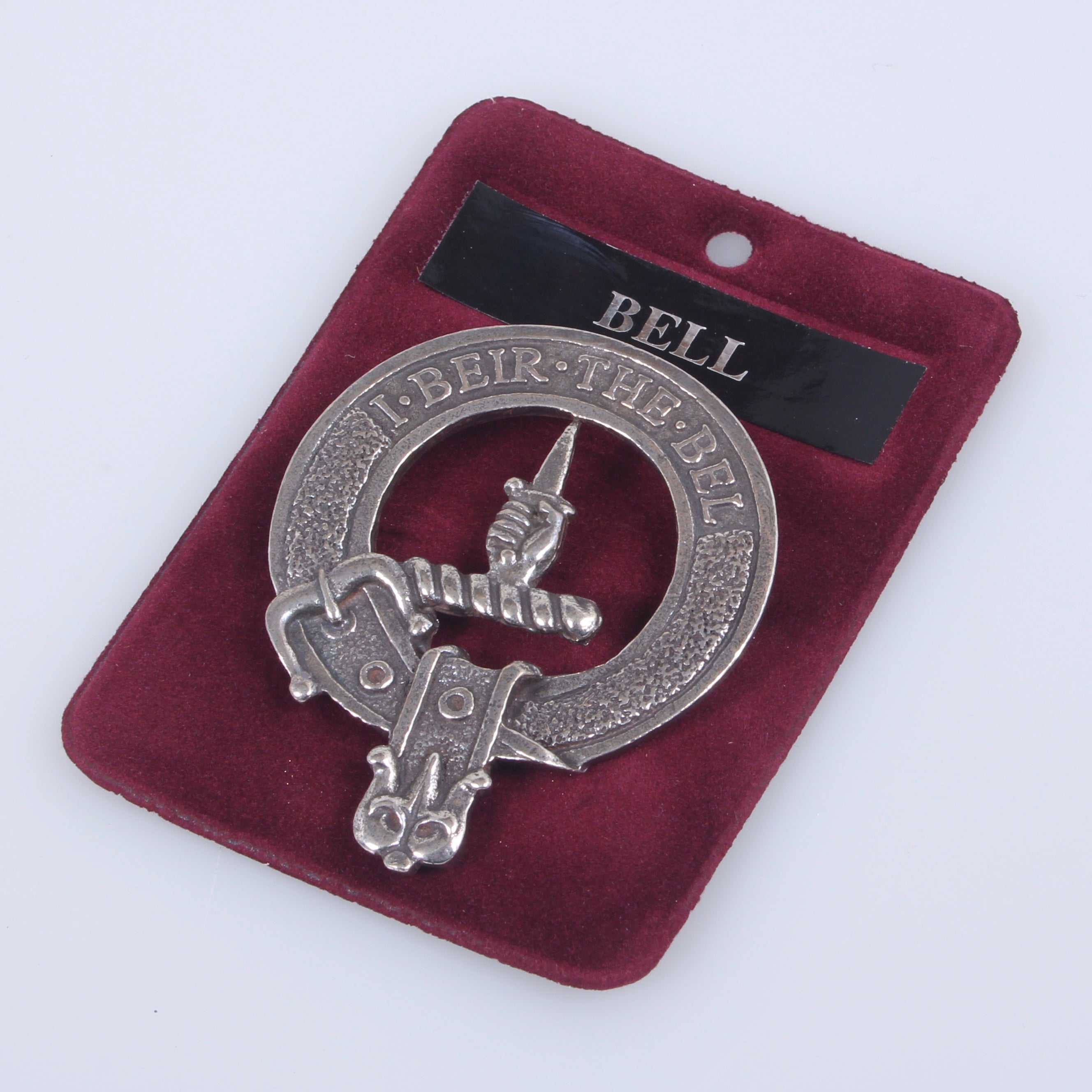 Bell Clan Crest Badge in Pewter showcasing the traditional belted design, ideal for cap or brooch use in clan gatherings.