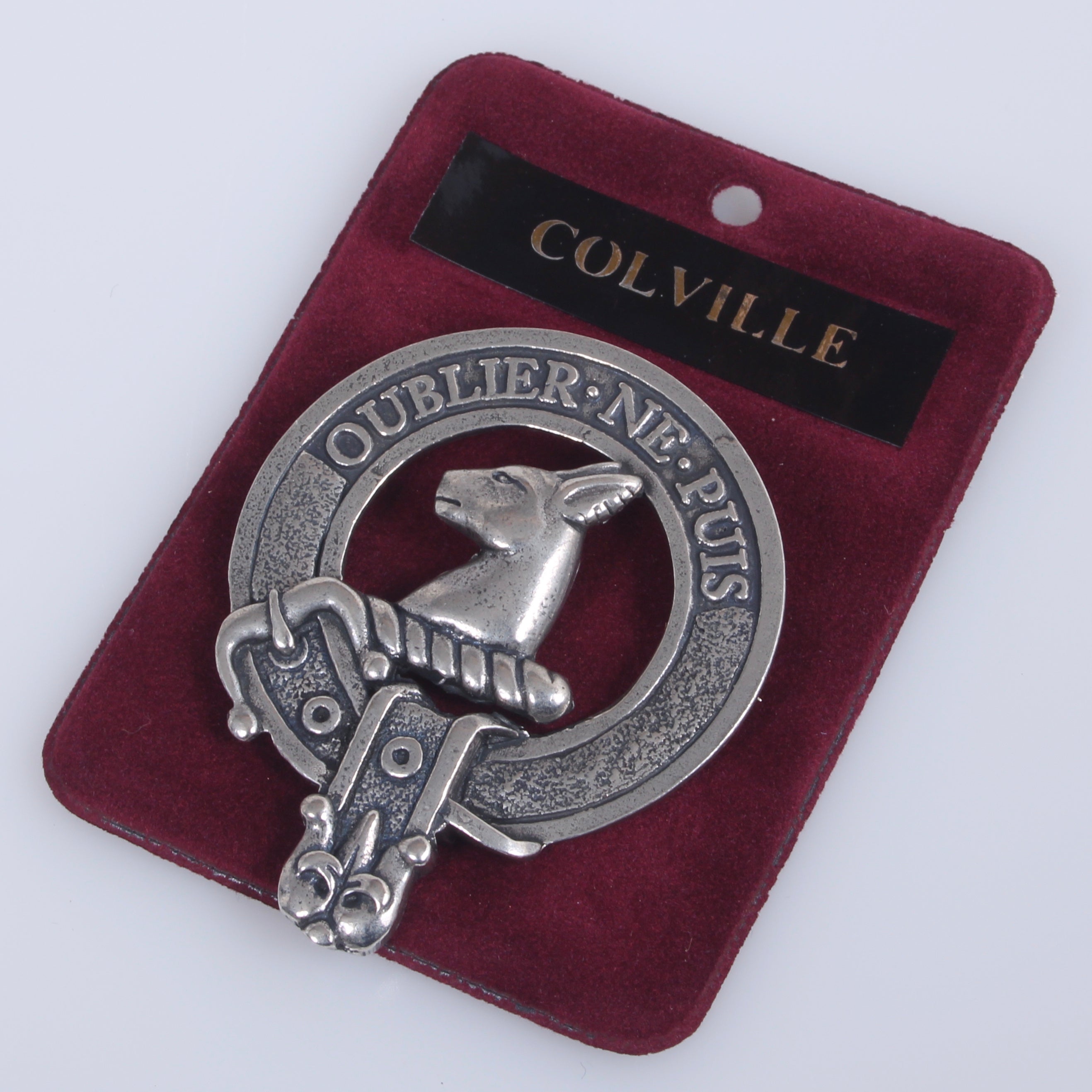 Colville Clan Crest Badge in Pewter featuring a traditional belted design, ideal for everyday wear or clan gatherings, made by St Kilda.