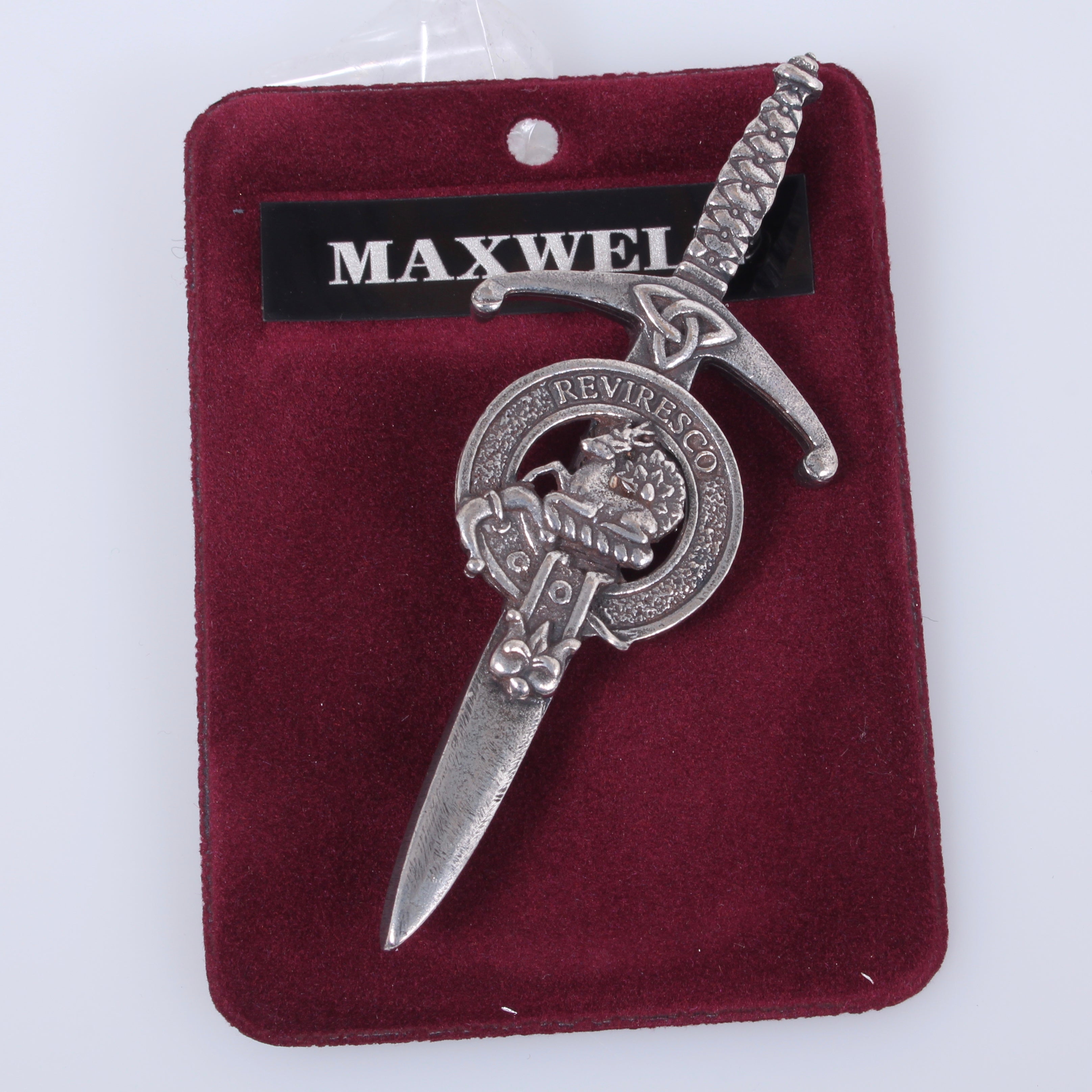Clan Crest Pewter Kilt Pin with Maxwell Crest, showcasing intricate craftsmanship and antique palladium finish. Perfect for adding a traditional Scottish touch to your kilt.