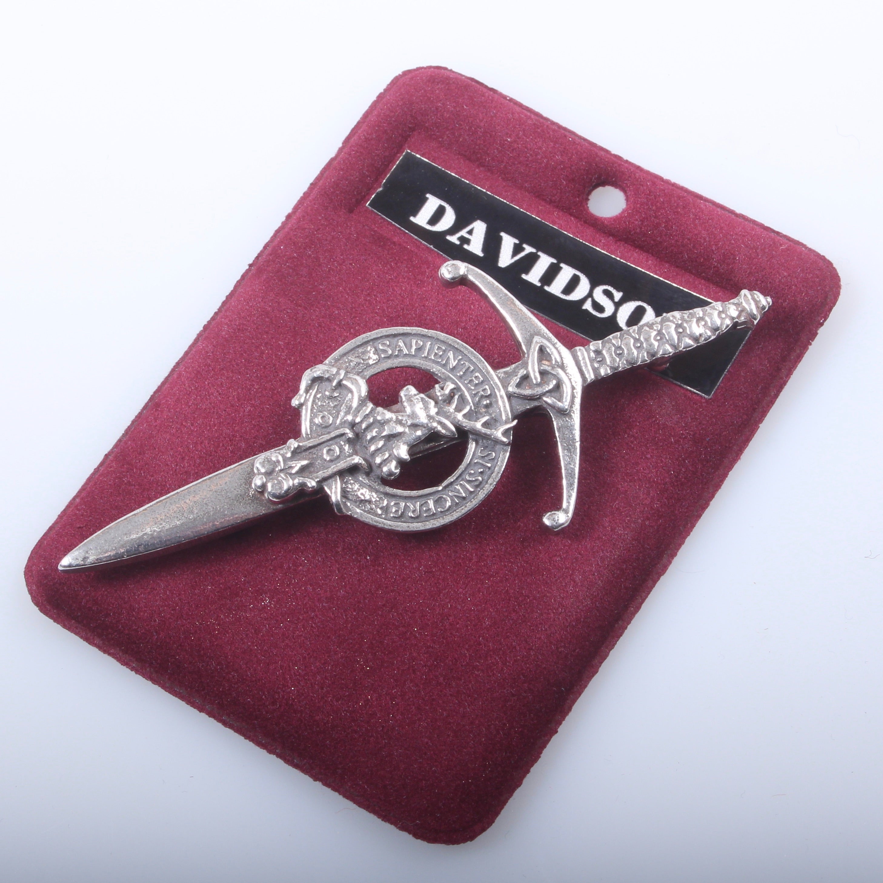 Clan Crest Pewter Kilt Pin with Davidson Crest showcasing intricate design and antique palladium finish, perfect for Scotland kilt enthusiasts.