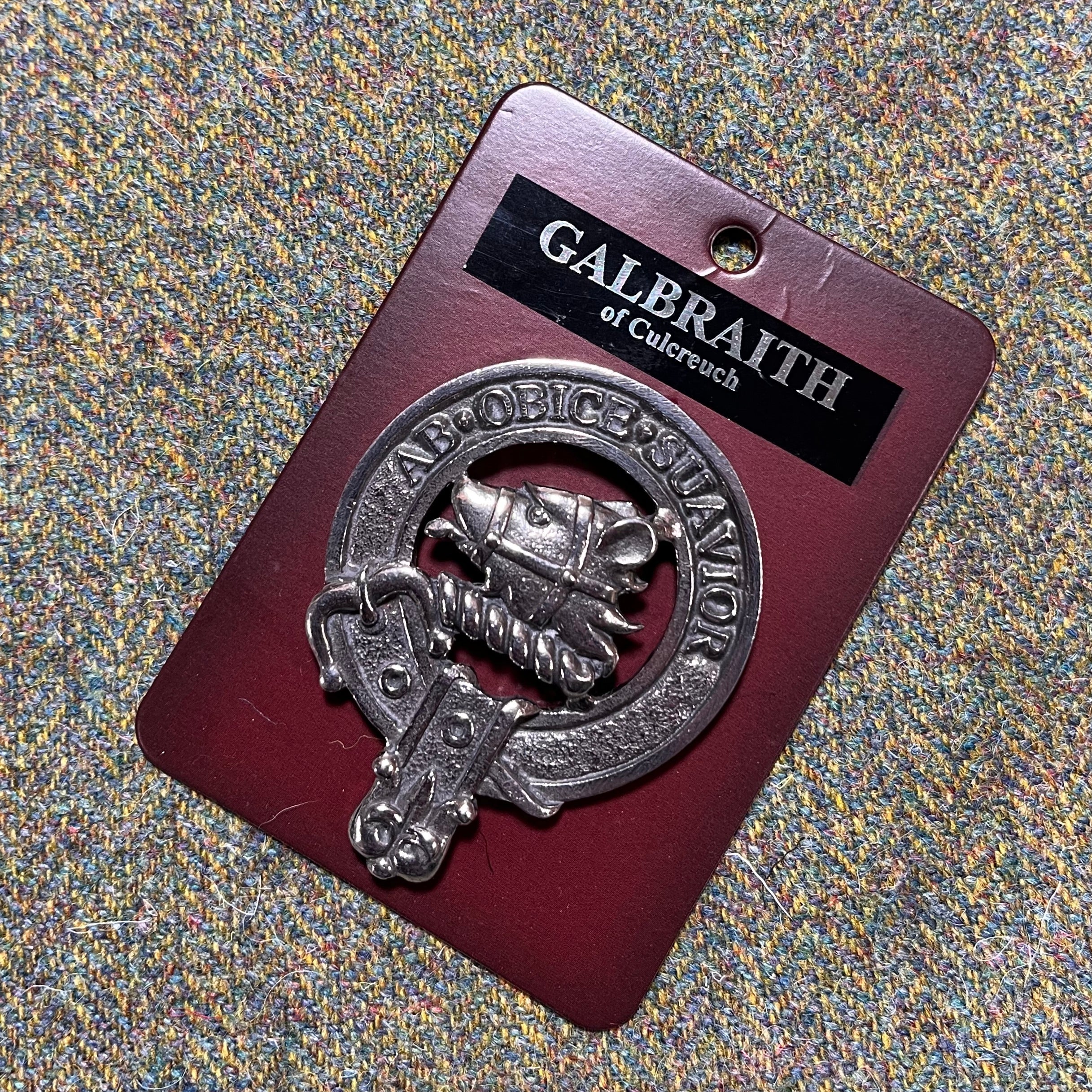 Galbraith Clan Crest Badge in Pewter, showcasing the traditional belted design, perfect for casual wear or clan gatherings.