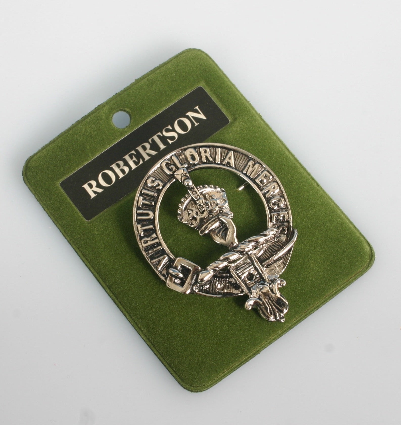 Robertson Clan Crest Badge in Pewter - A high-quality 40mm badge featuring the iconic belted design, perfect for showing Scottish pride and clan heritage.
