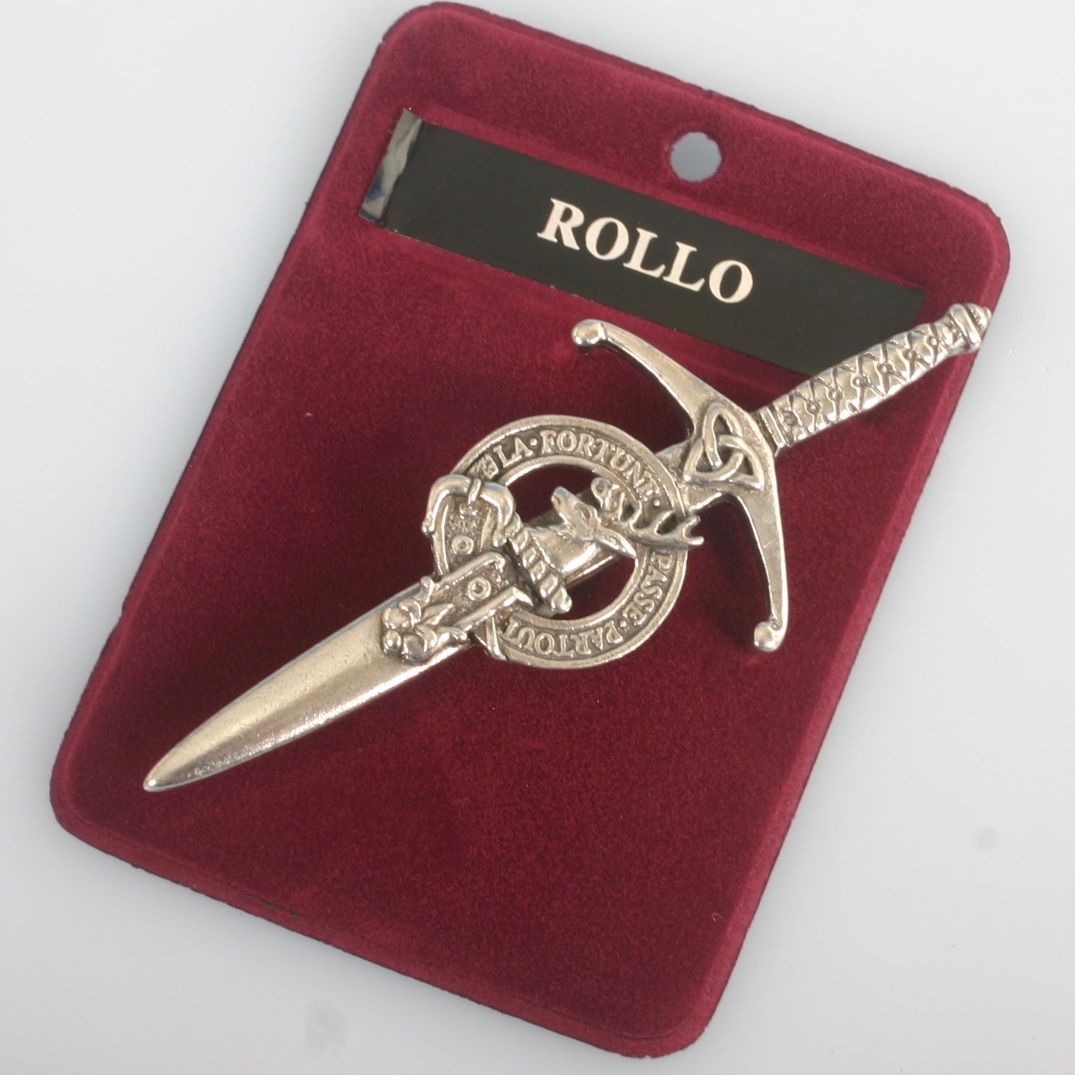 Clan Crest Pewter Kilt Pin with Rollo Crest featuring a detailed broadsword design and antique palladium finish, perfect for Scottish heritage.