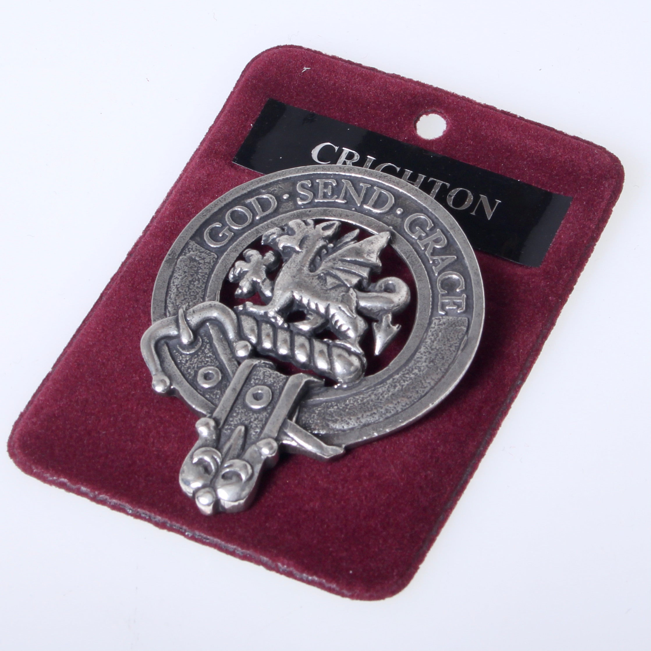 Crichton Clan Crest Badge in Pewter showcasing a traditional belted design, perfect for wearing as a cap badge or large brooch pin.