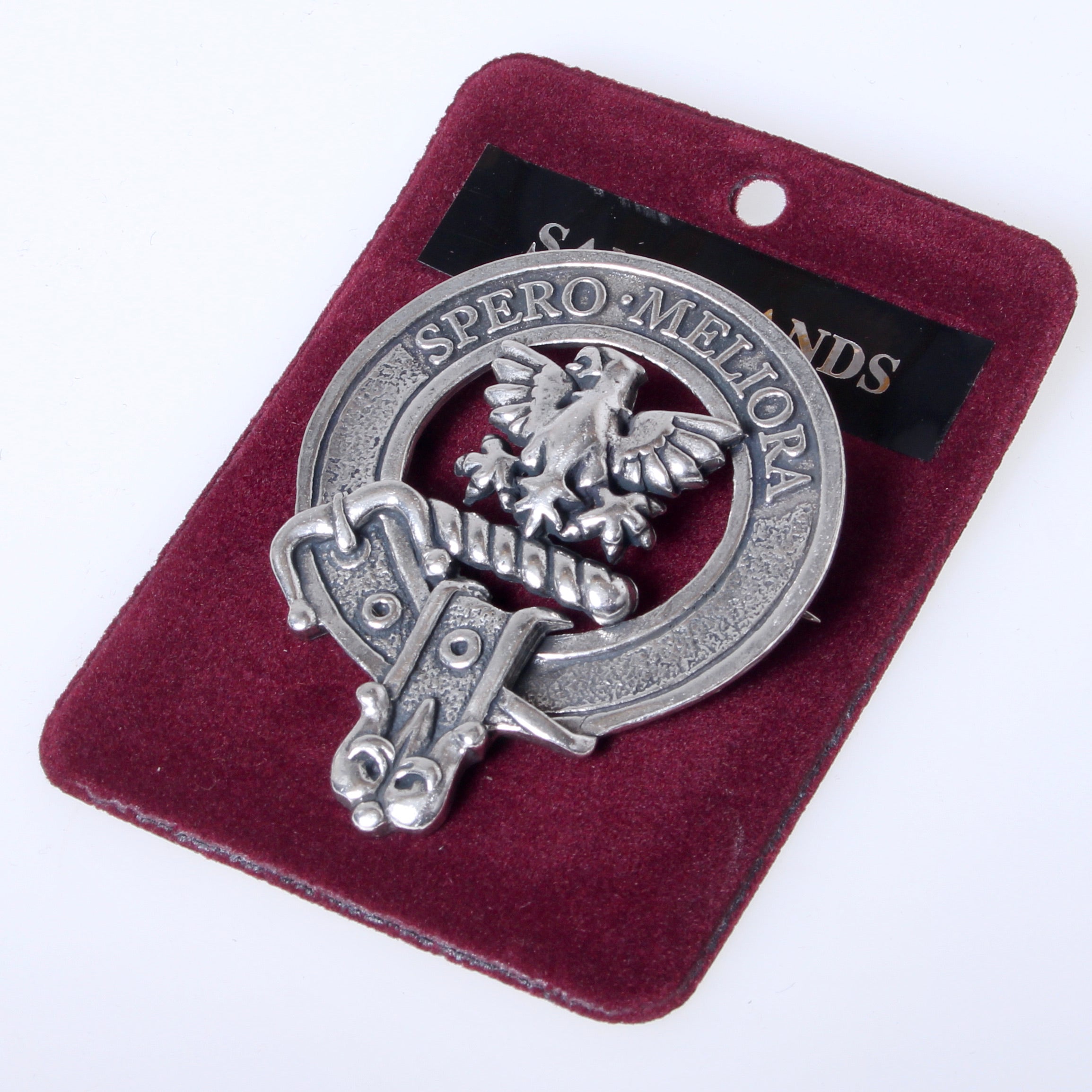 Sandilands Clan Crest Badge in Pewter, featuring a traditional belted design, suitable for everyday wear and clan gatherings, measuring approximately 2" x 2.5".