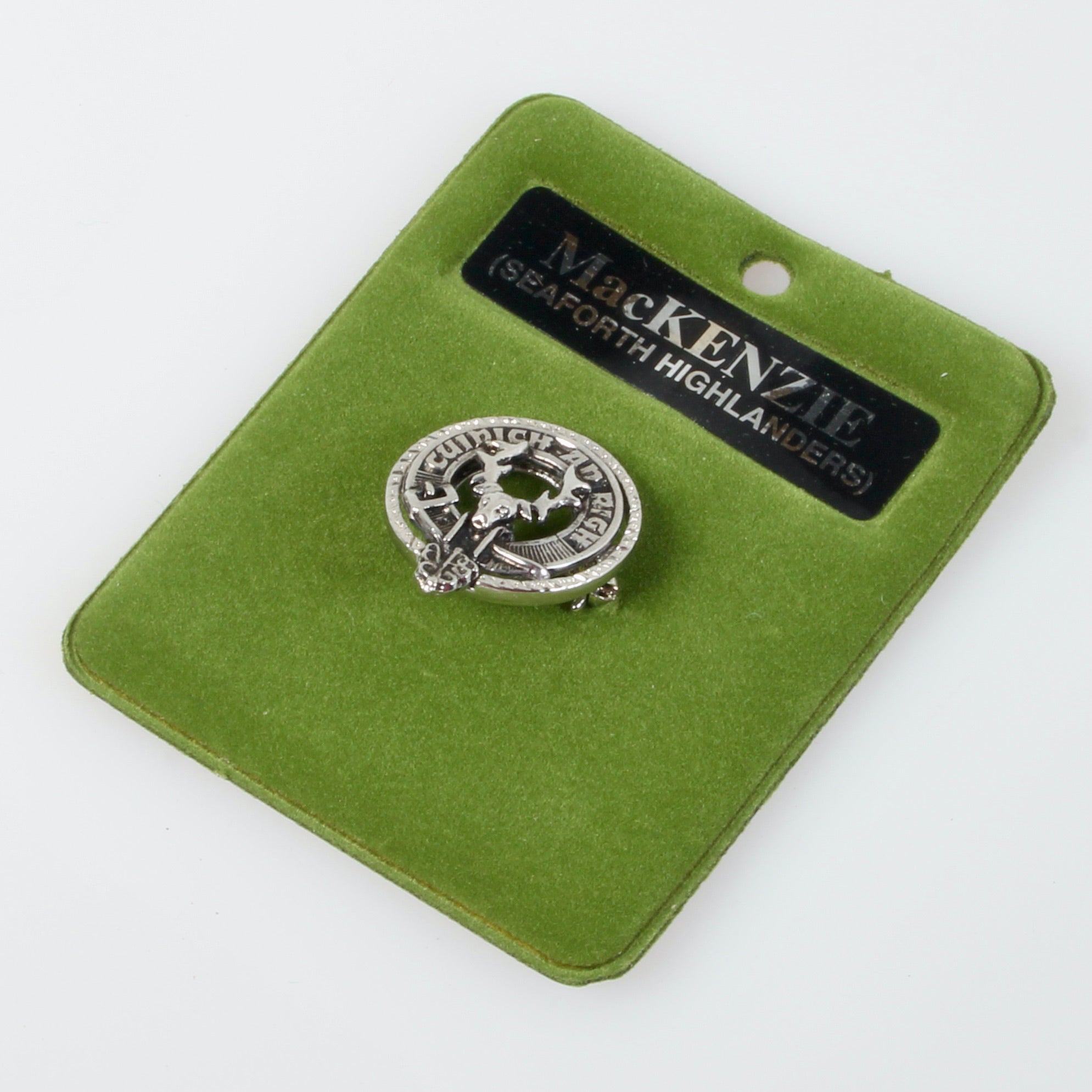 MacKenzie (Seaforth) Clan Crest Small Pewter Pin Badge featuring elegant antique palladium finish, ideal for showcasing Scottish heritage.