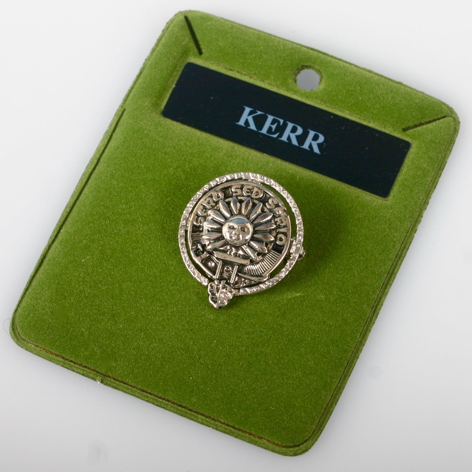 Kerr Clan Crest Small Pewter Pin Badge showcasing Scottish heritage, perfect for wearing as a brooch or lapel pin.