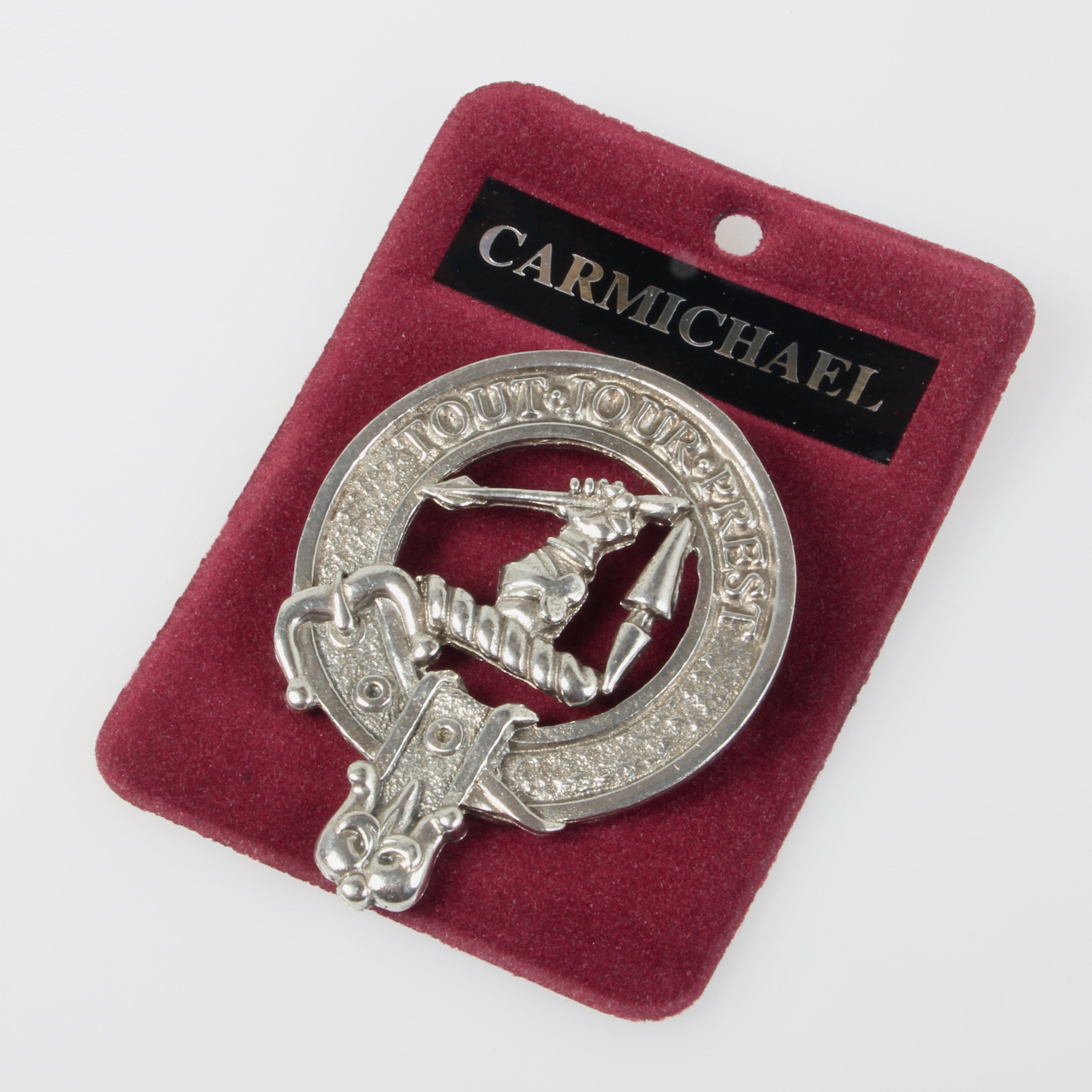 Carmichael Clan Crest Badge in Pewter, featuring a traditional belted design, perfect for everyday wear or clan gatherings, with a strong locking safety pin.