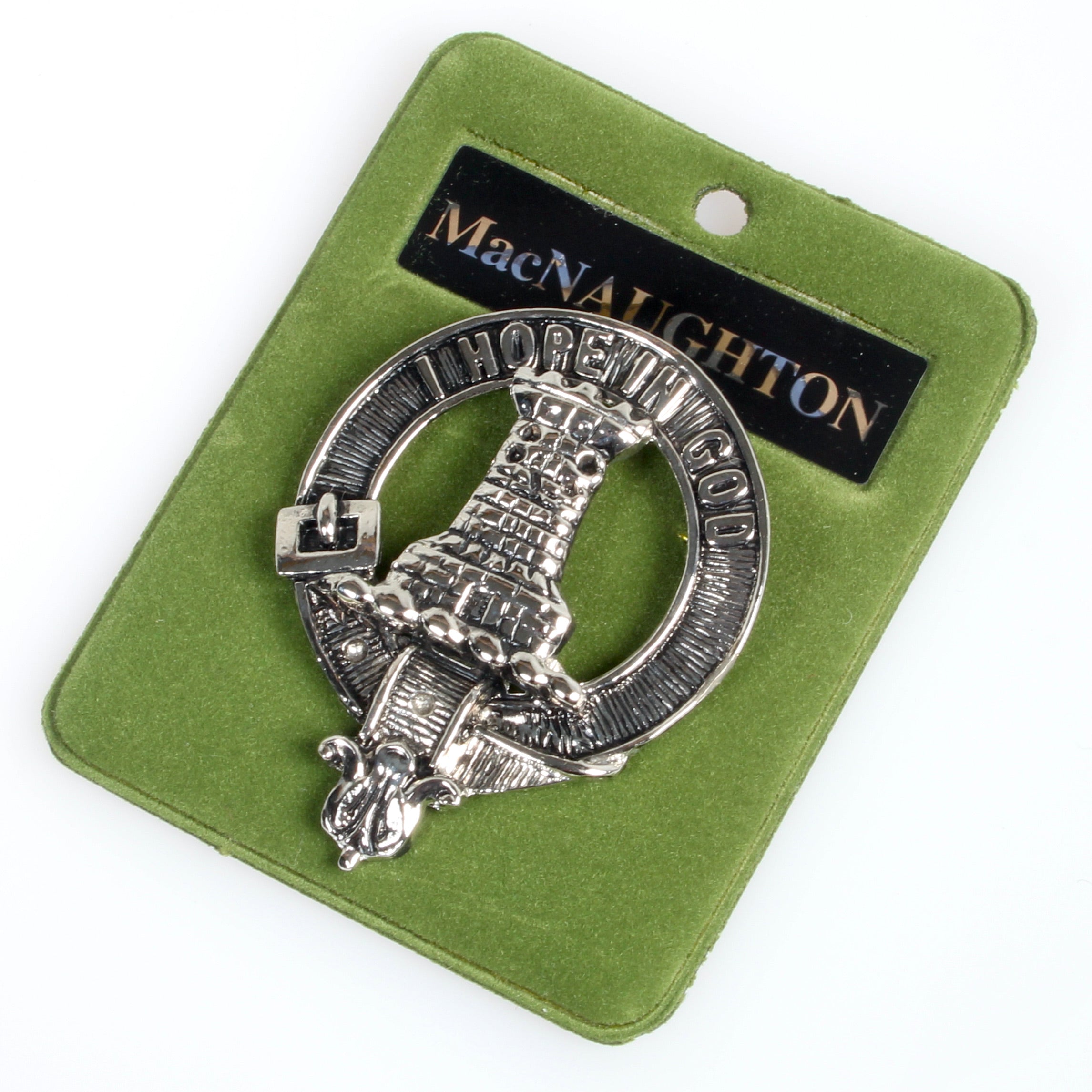 MacNaughton Clan Crest Badge in Pewter showcasing the traditional belted design, perfect for demonstrating Scottish heritage.