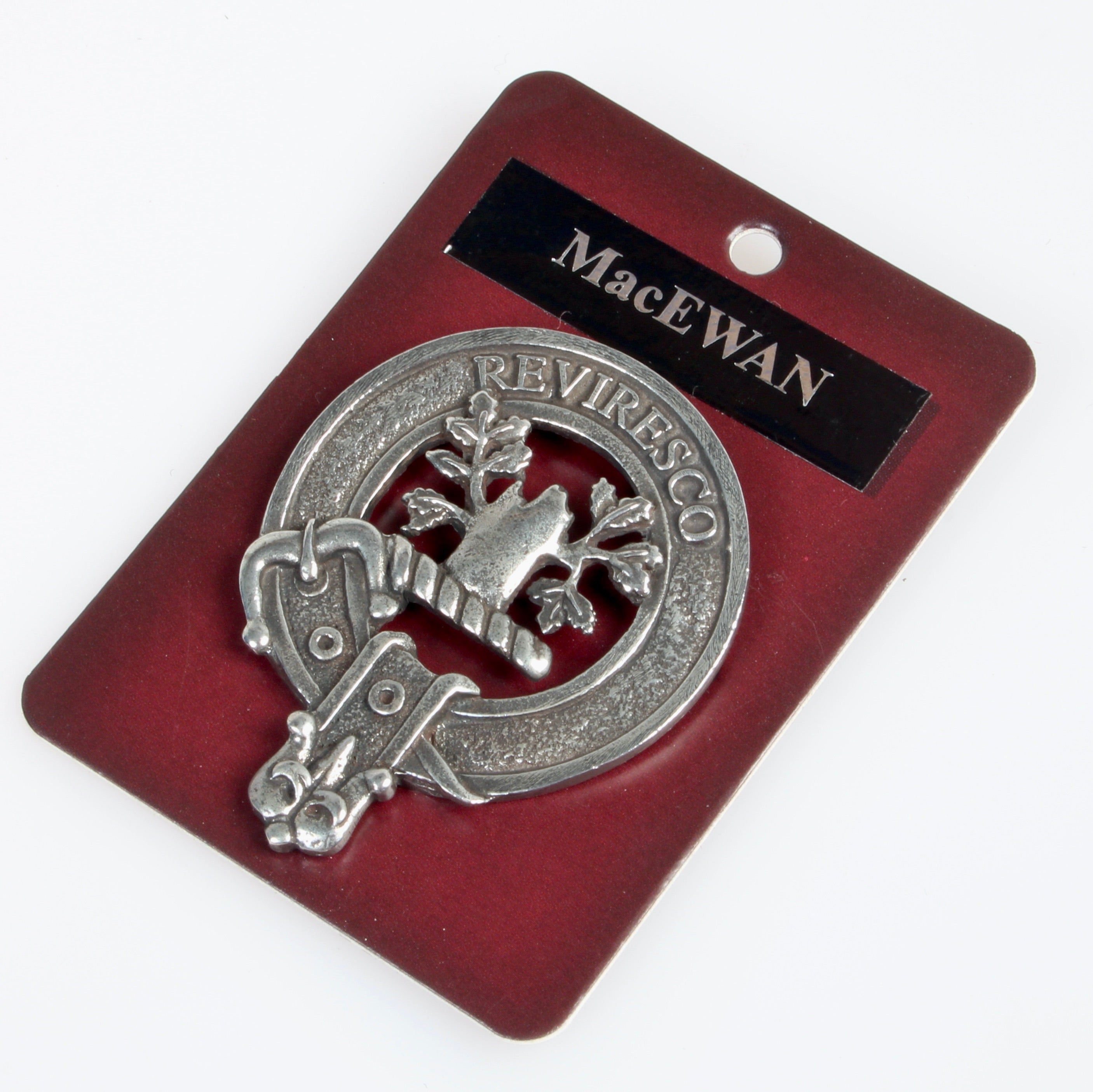 MacEwan Clan Crest Badge in Pewter featuring a traditional belted design, ideal for everyday wear and clan gatherings.