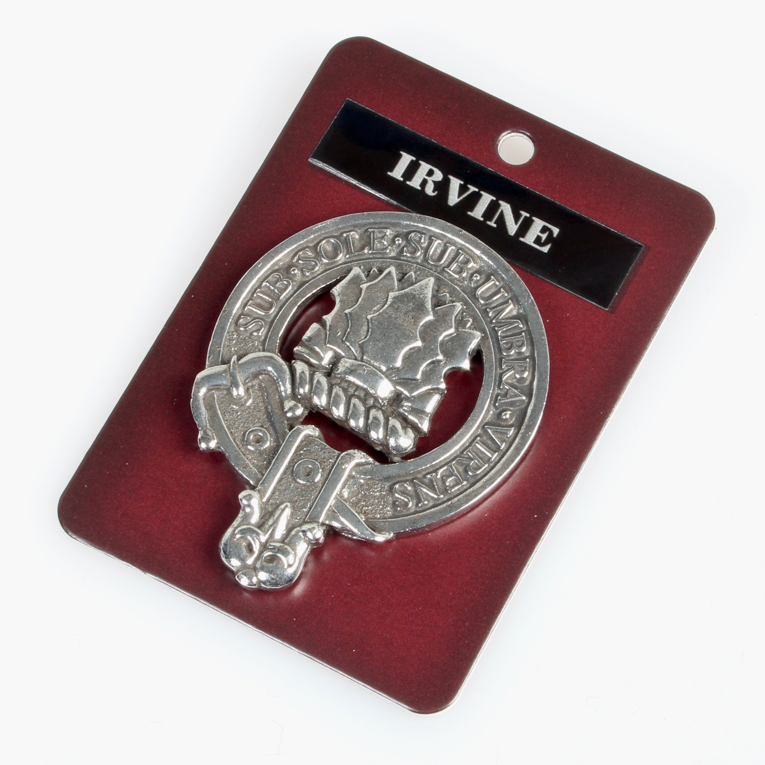 Irvine Clan Crest Badge in Pewter, a stylish brooch pin featuring a beautifully detailed clan crest design, perfect for clan gatherings or everyday wear.