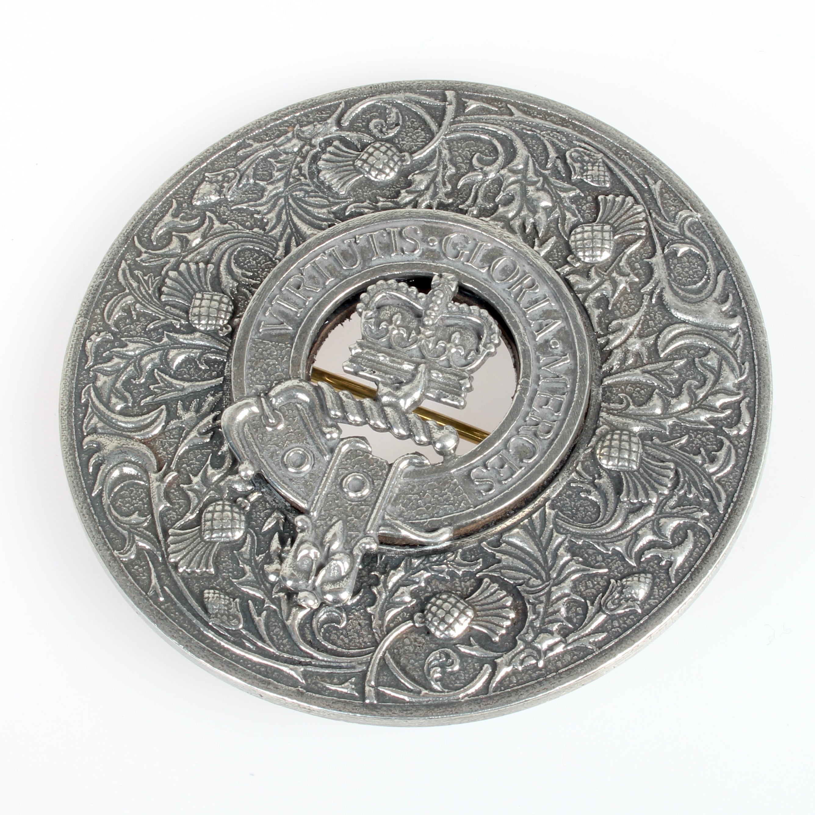 Close-up of the Caledonia Thistle Clan Crest Plaid Brooch in high quality pewter, emphasizing its detailed craftsmanship and Scottish heritage.