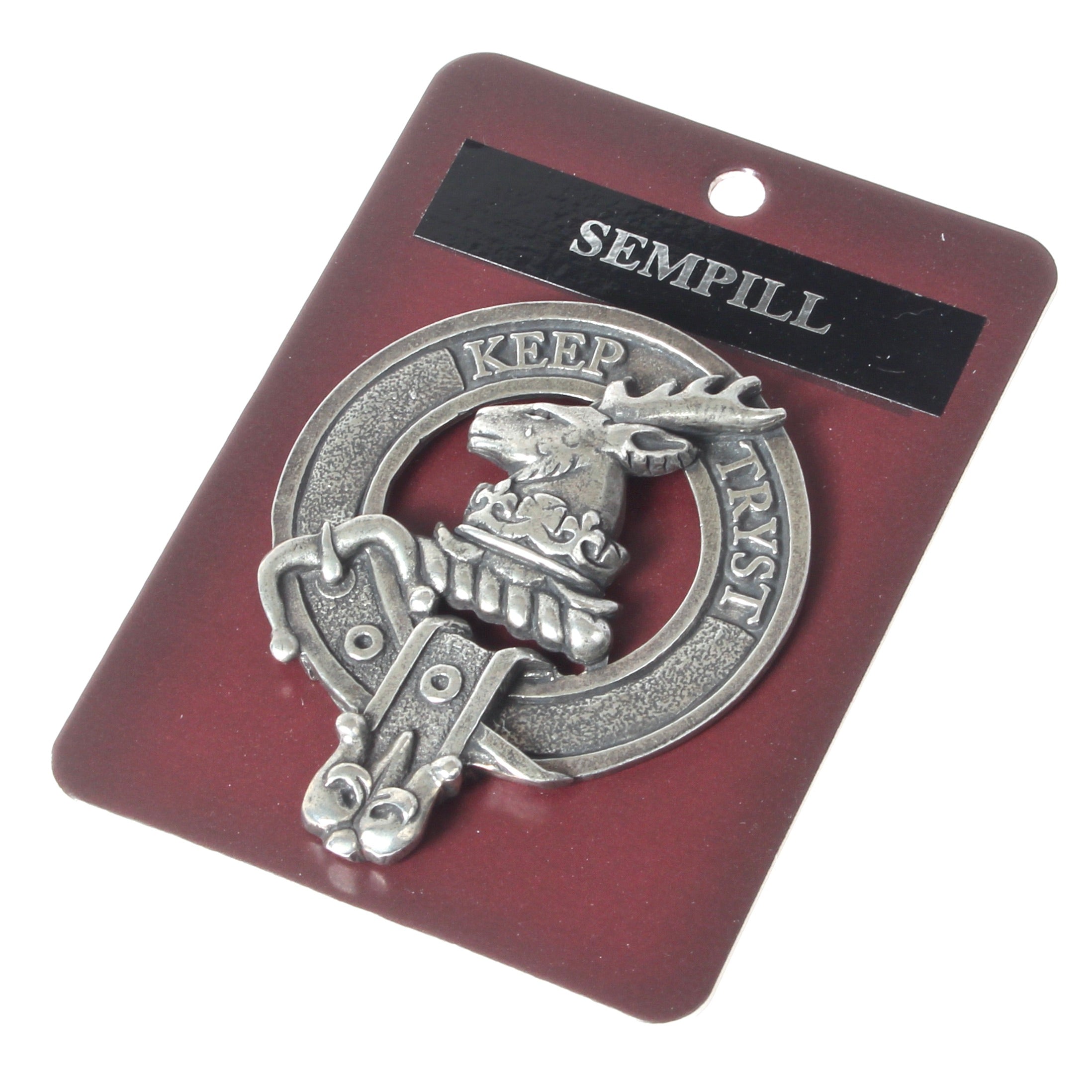 Sempill Clan Crest Badge in Pewter designed for everyday wear and clan gatherings, featuring a traditional belted design, 2" x 2.5" size, and a locking safety pin for durability.