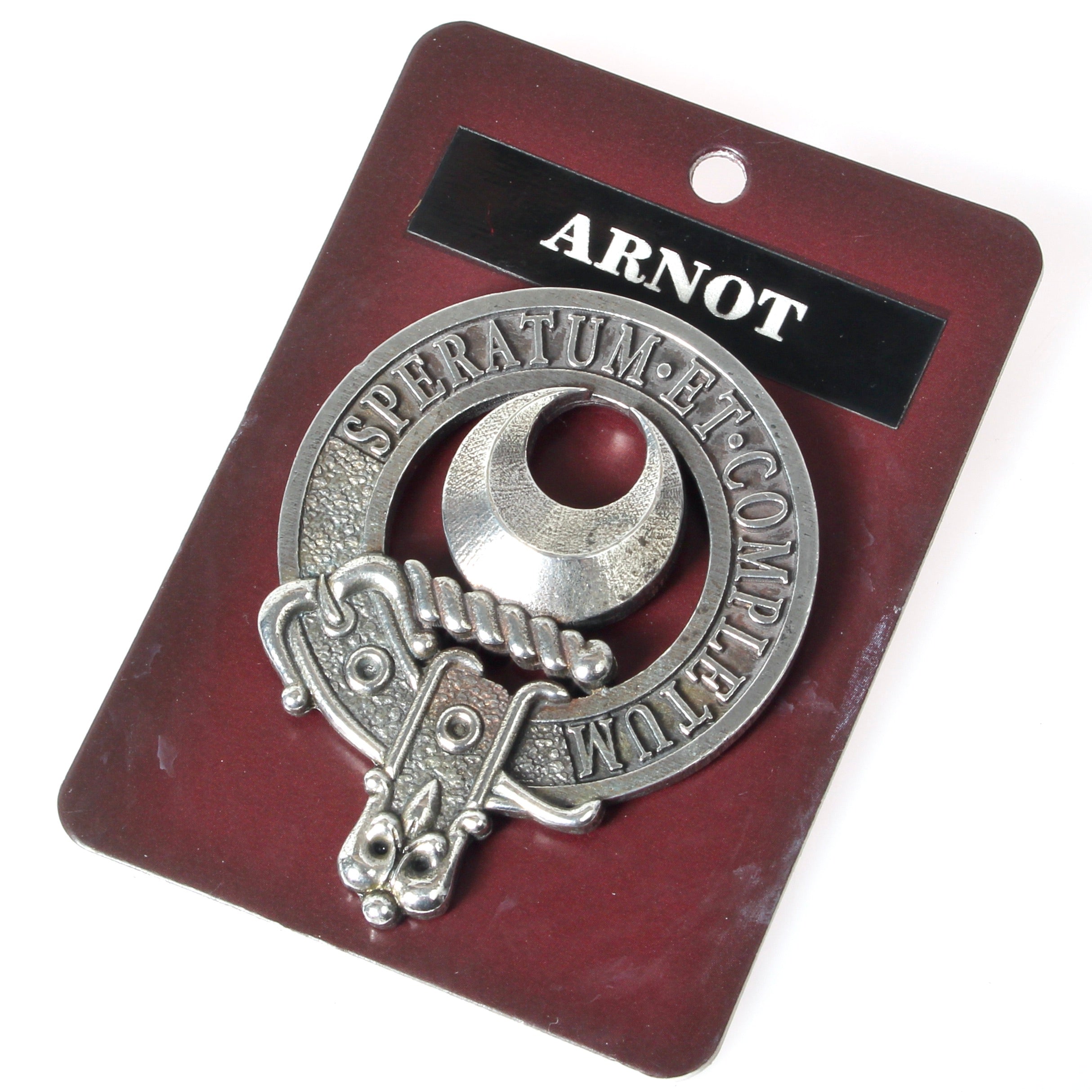 Arnott Clan Crest Badge in Pewter showcasing a traditional design with a belted crest, ideal for clan gatherings and everyday wear.
