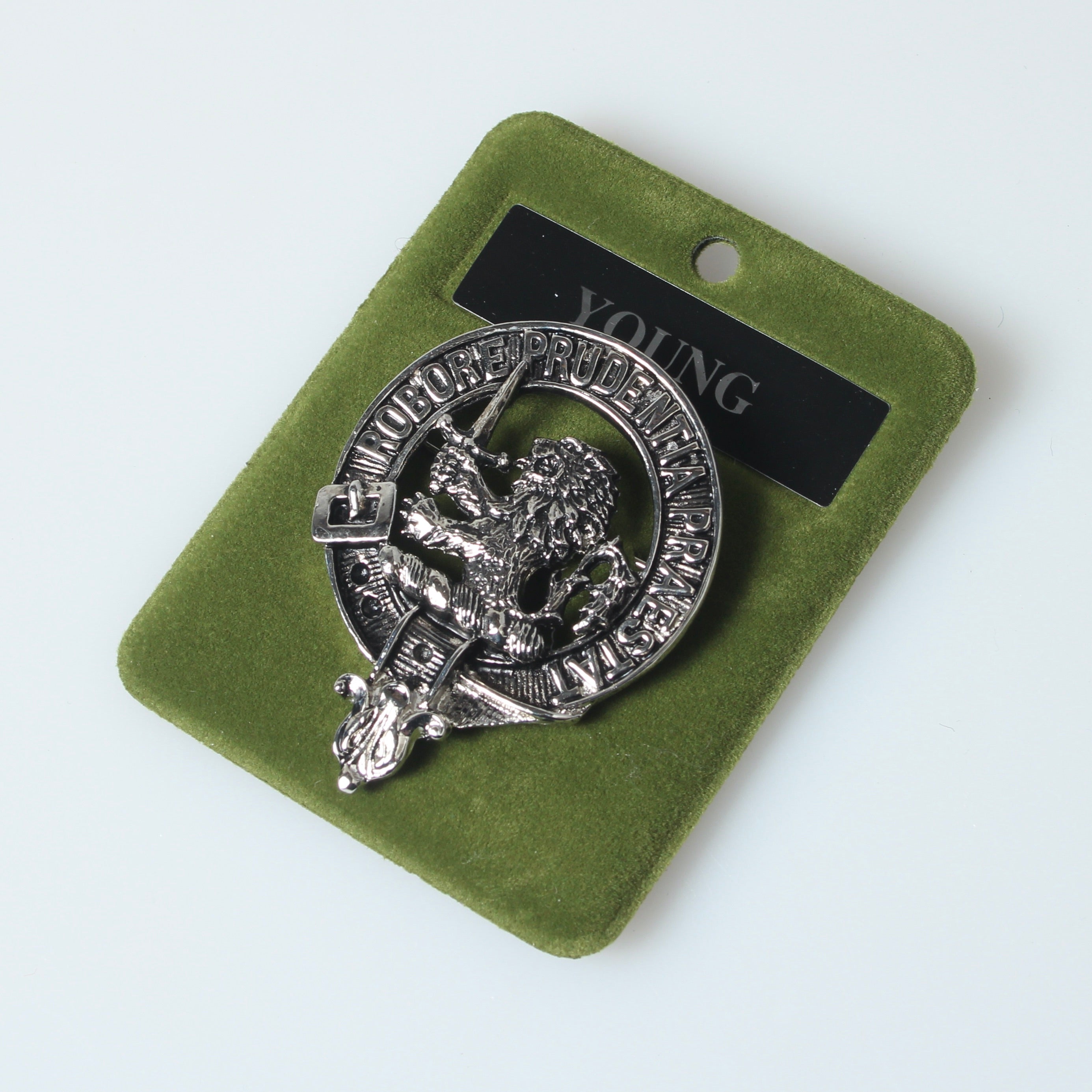 Young Clan Crest Badge in Pewter, a stylish and durable symbol of clan heritage, perfect for cap or brooch wear at gatherings.