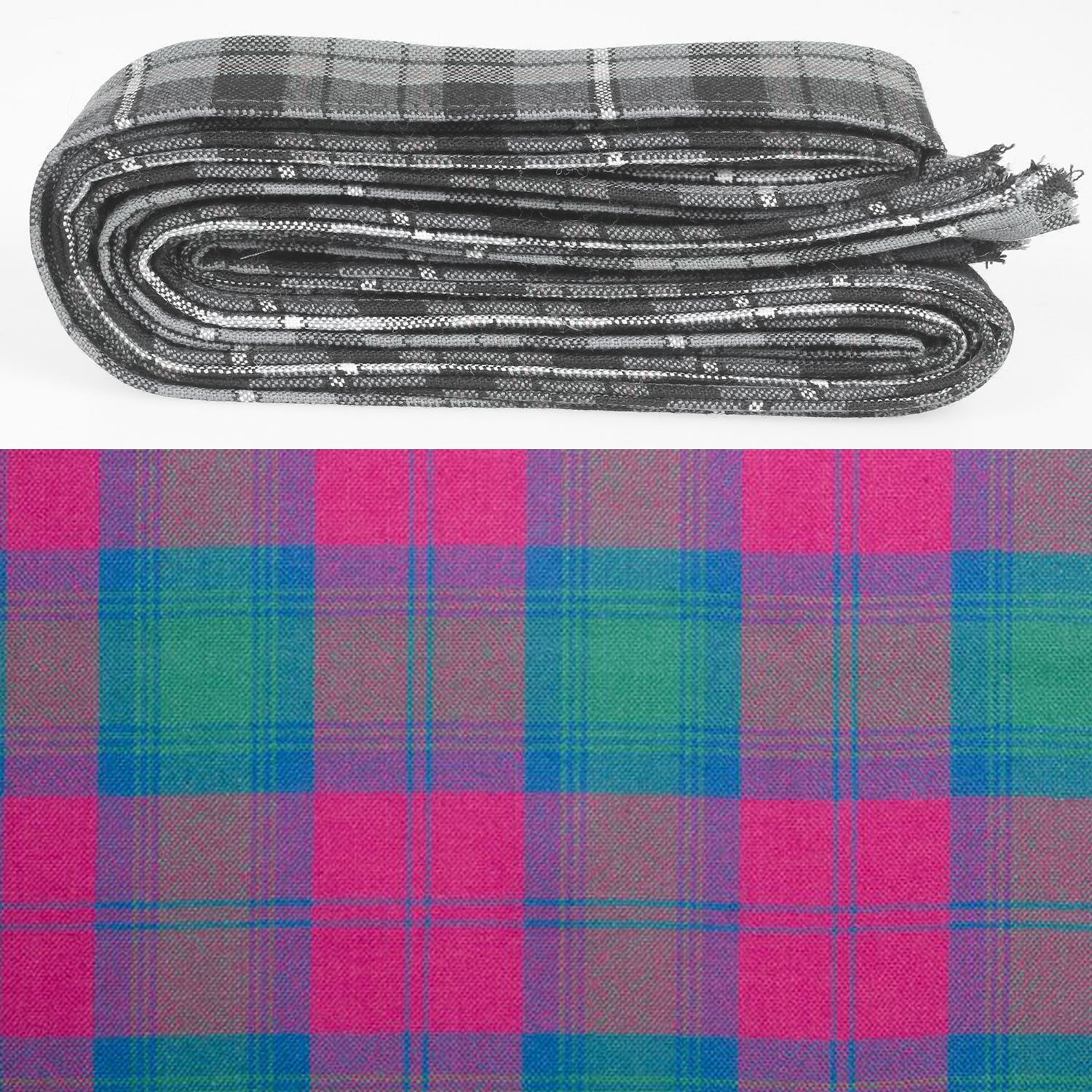 Wool Strip Ribbon in Lindsay Ancient Tartan, perfect for weddings and various occasions, showcasing fine weight wool and hemmed edges for versatile trimming uses.