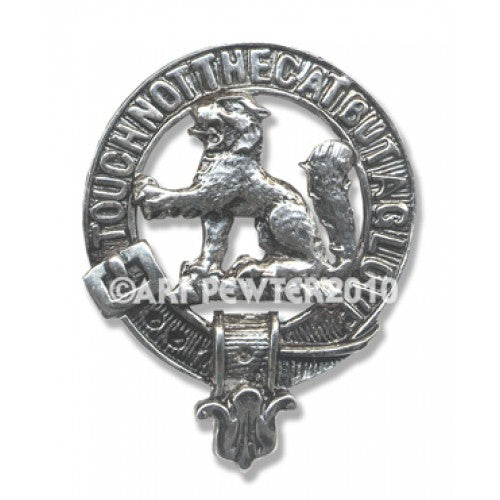 MacPherson Clan Crest Badge in Pewter featuring a traditional Scottish design, perfect for showing clan pride.