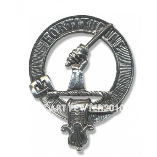 MacRae Clan Crest Badge in Pewter showcasing high-quality pewter construction and traditional belted design, perfect for cap or brooch wear