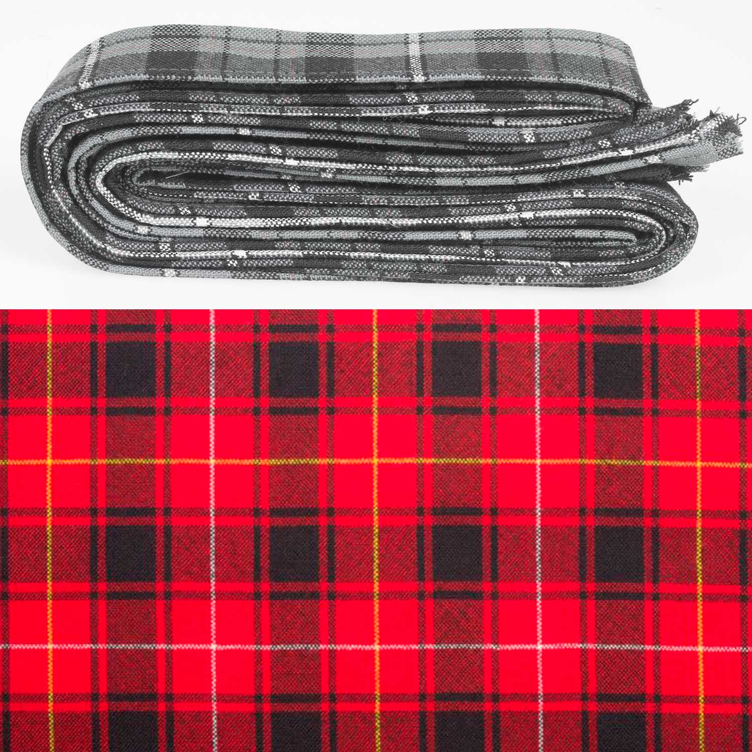 Wool Strip Ribbon in MacIvor Tartan featuring five unique strips, perfect for weddings and decor, showcasing fine weight wool tartan designs.