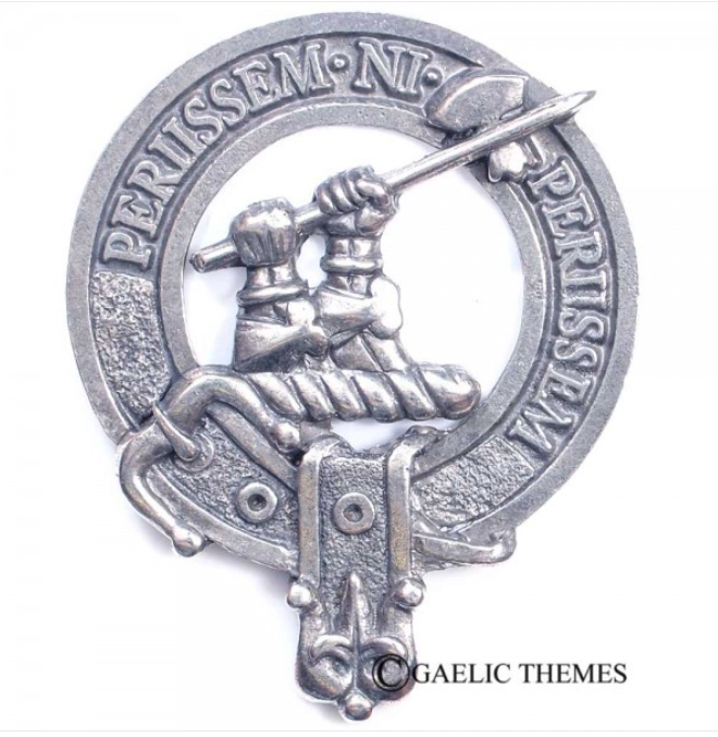 Anstruther Clan Crest Badge in Pewter, a stylish cap badge or large brooch pin featuring the traditional belted clan design, perfect for clan gatherings and everyday wear.