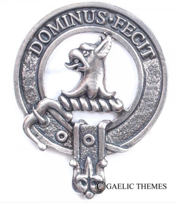 Baird Clan Crest Badge in Pewter - A stylish cap badge or brooch pin designed with a traditional belted clan crest, perfect for clan gatherings and everyday wear.