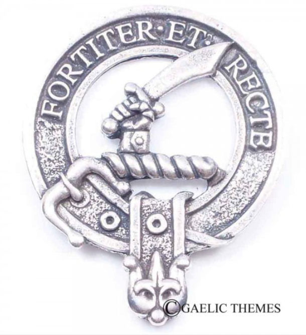 Elliot Clan Crest Badge in Pewter showcasing the traditional belted design, perfect for everyday wear and clan gatherings as a stylish cap badge or brooch pin.