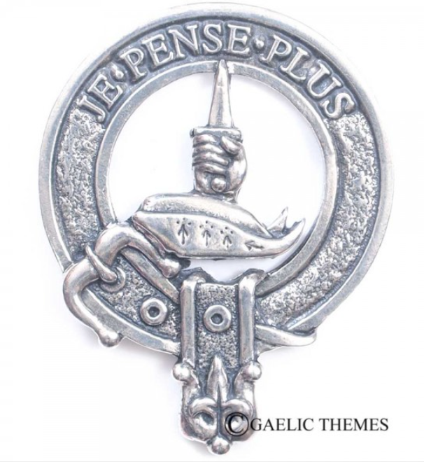 Erskine Clan Crest Badge in Pewter, featuring a traditional belted design ideal for cap or brooch wear.