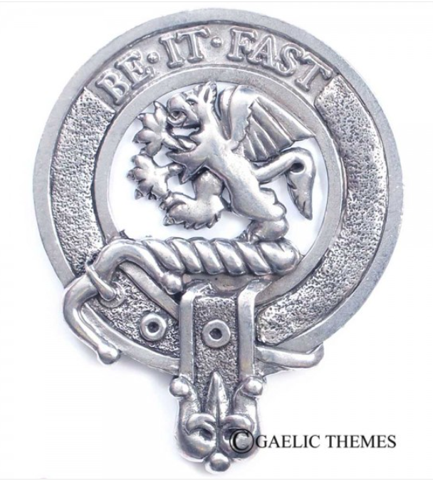 Fotheringham Clan Crest Badge in Pewter, featuring a traditional design with a clan belt, ideal for wearing as a cap badge or large brooch pin.