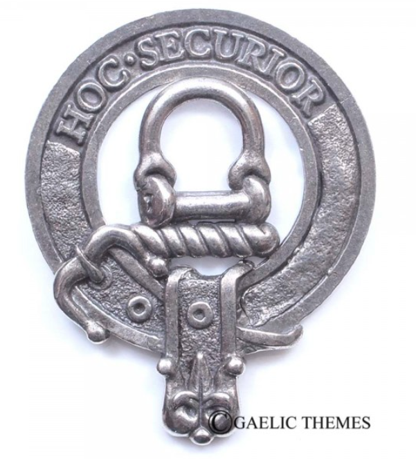Grierson Clan Crest Badge in Pewter displayed, featuring a traditional belted design symbolizing clan membership, perfect for everyday wear or clan gatherings.