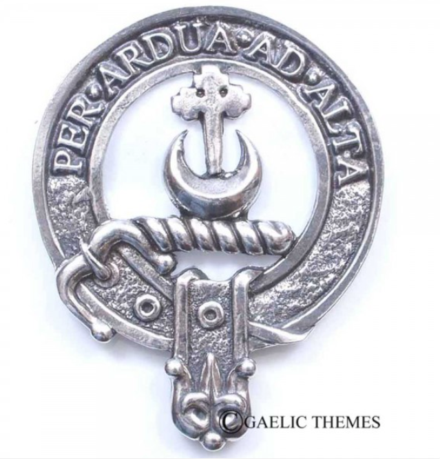 Hannay Clan Crest Badge in Pewter displayed as a stylish cap badge or brooch pin, featuring a traditional belted design representing the clansman belt.