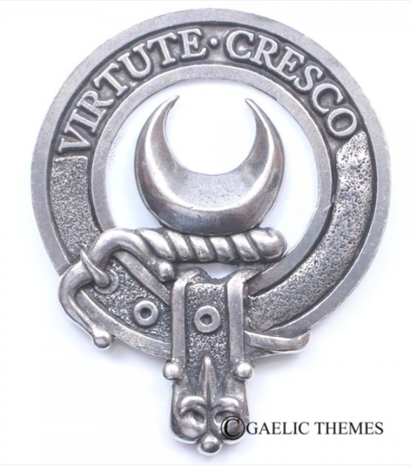 Leask Clan Crest Badge in Pewter showing intricate detailing and traditional belted design for cap or brooch wear.