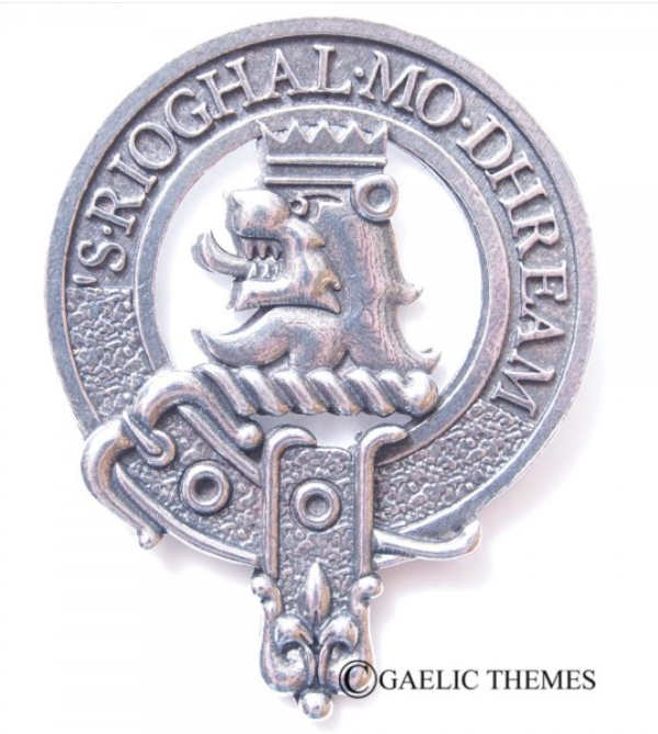MacGregor Clan Crest Badge in Pewter showcased as a stylish cap badge or brooch pin, featuring a traditional belted design representing clan heritage.