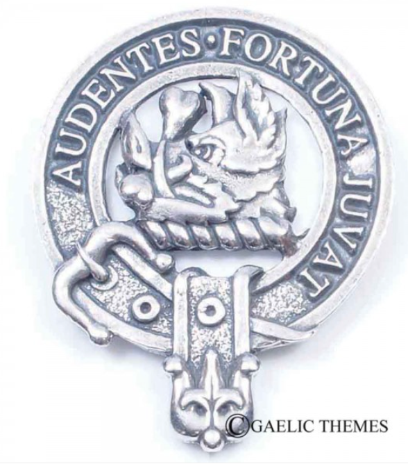 MacKinnon Clan Crest Badge in Pewter featuring a traditional belted design, perfect for cap or brooch wear.
