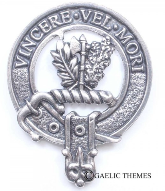 MacLaine of Lochbuie Clan Crest Badge in Pewter, a stylish accessory for everyday wear and clan gatherings, featuring a traditional design with a strong locking safety pin.