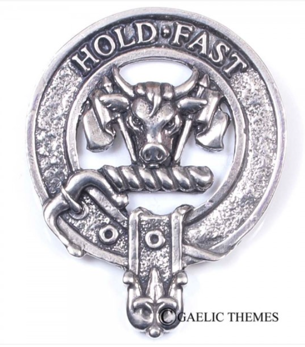 MacLeod Clan Crest Badge in Pewter featuring a traditional belted design, perfect for wearing at clan gatherings or as a cap badge.